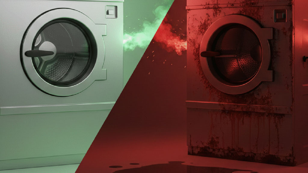 Ilustrasi perbandingan mesin laundry bekas rekondisi yang rusak dengan mesin laundry baru