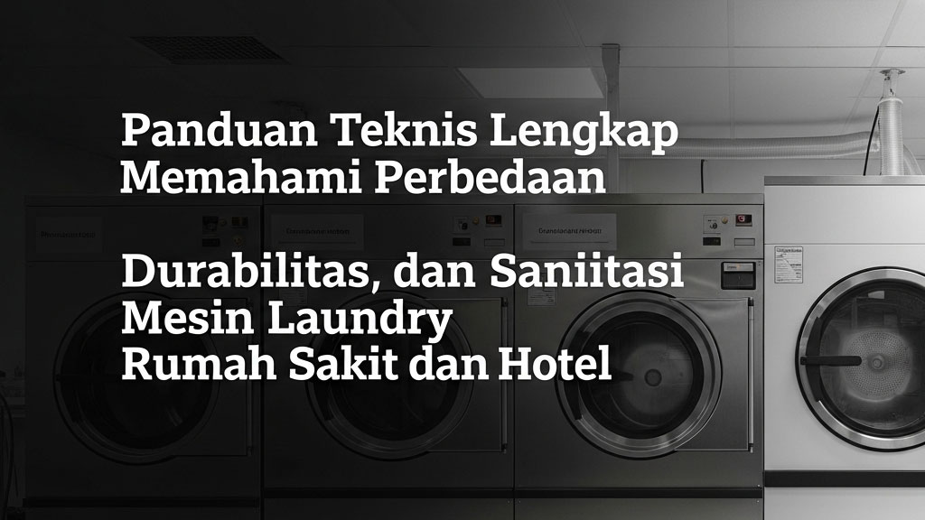 Ilustrasi teknis perbandingan kapasitas, durabilitas, dan fitur sanitasi antara mesin laundry Rumah Sakit (barrier-type) dan mesin laundry Hotel (heavy-duty standar).