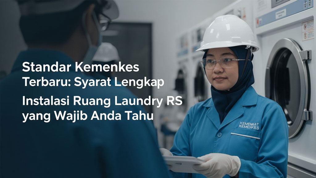 Instalasi ruang laundry rumah sakit modern yang memenuhi standar Kemenkes terbaru, menunjukkan pemisahan zona kotor dan zona bersih.